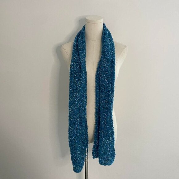 Vintage Handwoven Blue Scarf | Yuki Kreiner Boucle Wool Blend Textured - Picture 2 of 5